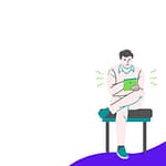 cartoon man performing google search on ipad or tablet while sitting on bench ipad-search