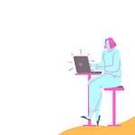 cartoon woman performing google search on laptop while sitting at table laptop-heart