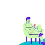 cartoon sitting man performing google search on mobile mobile-search