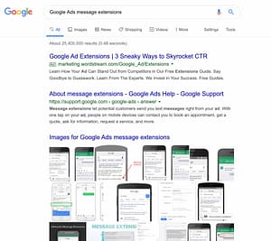 Screenshot taken in January 2020 of a Google search for Google Ads message extensions.