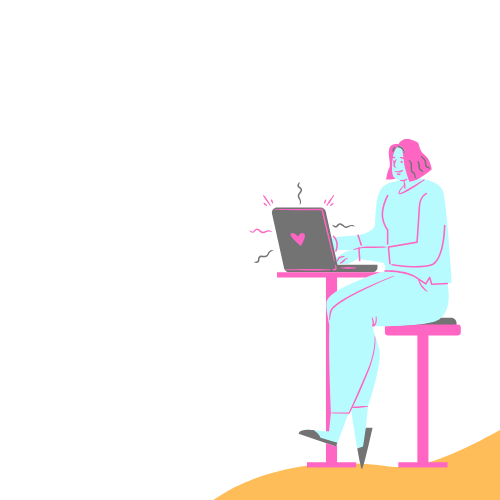 cartoon woman performing google search on laptop while sitting at table
